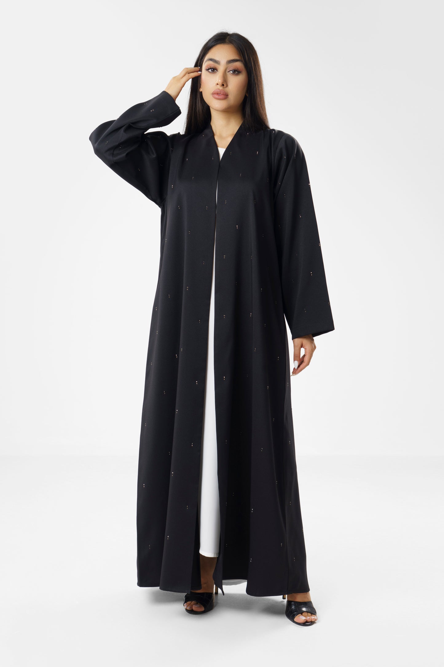 Chic Black Abaya with Delicate Gold Stud Detailing