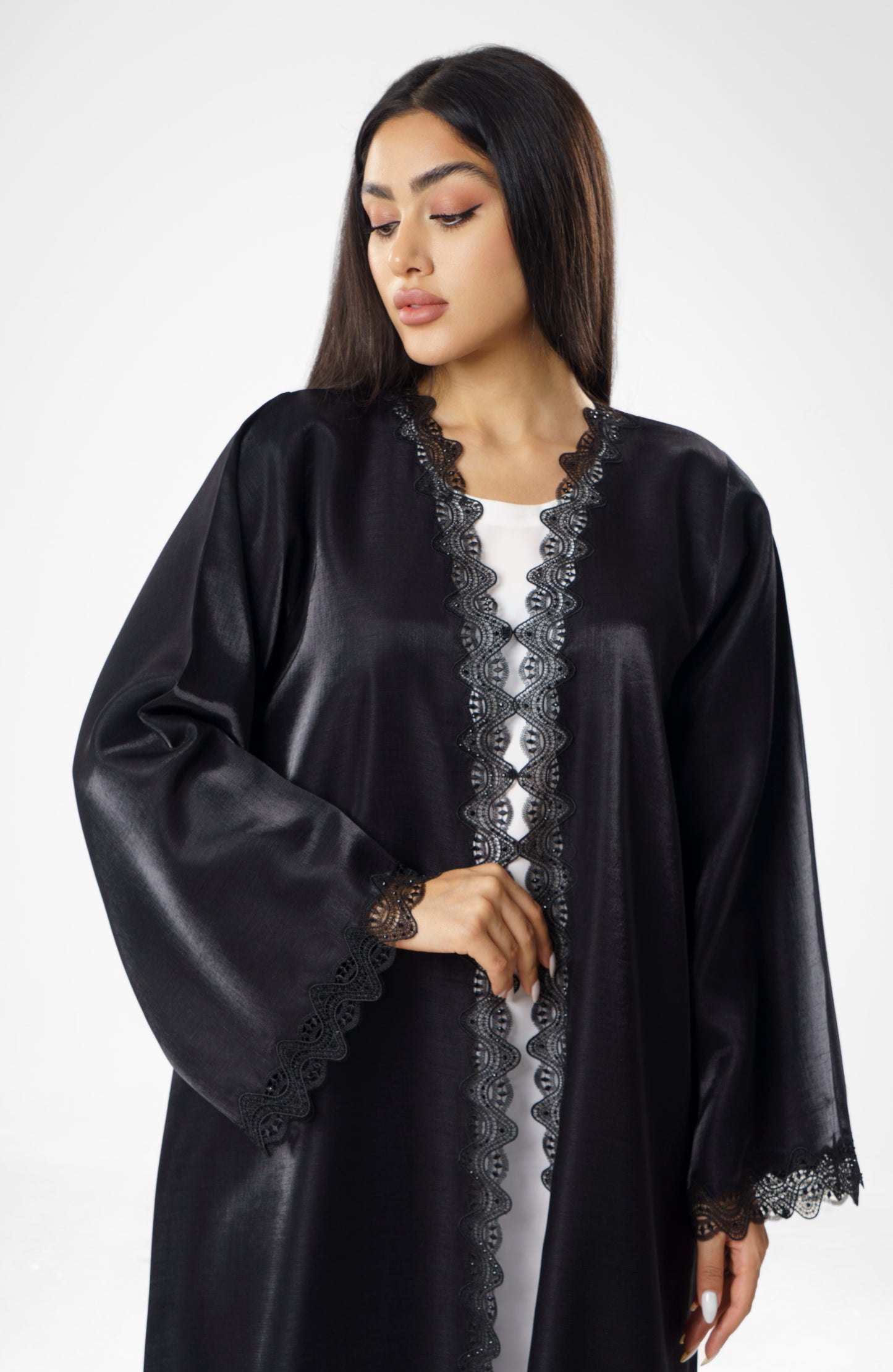 Elegant Black Abaya with Lace Trim Detailing